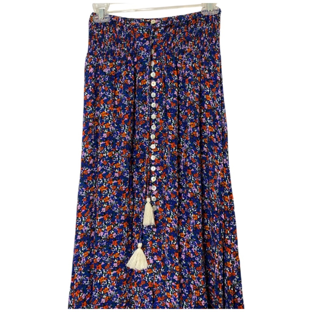 Rachel Zoe Boho Maxi Skirt S Blue Floral Smocked Waist  Button Up Cottagecore - Picture 2 of 6